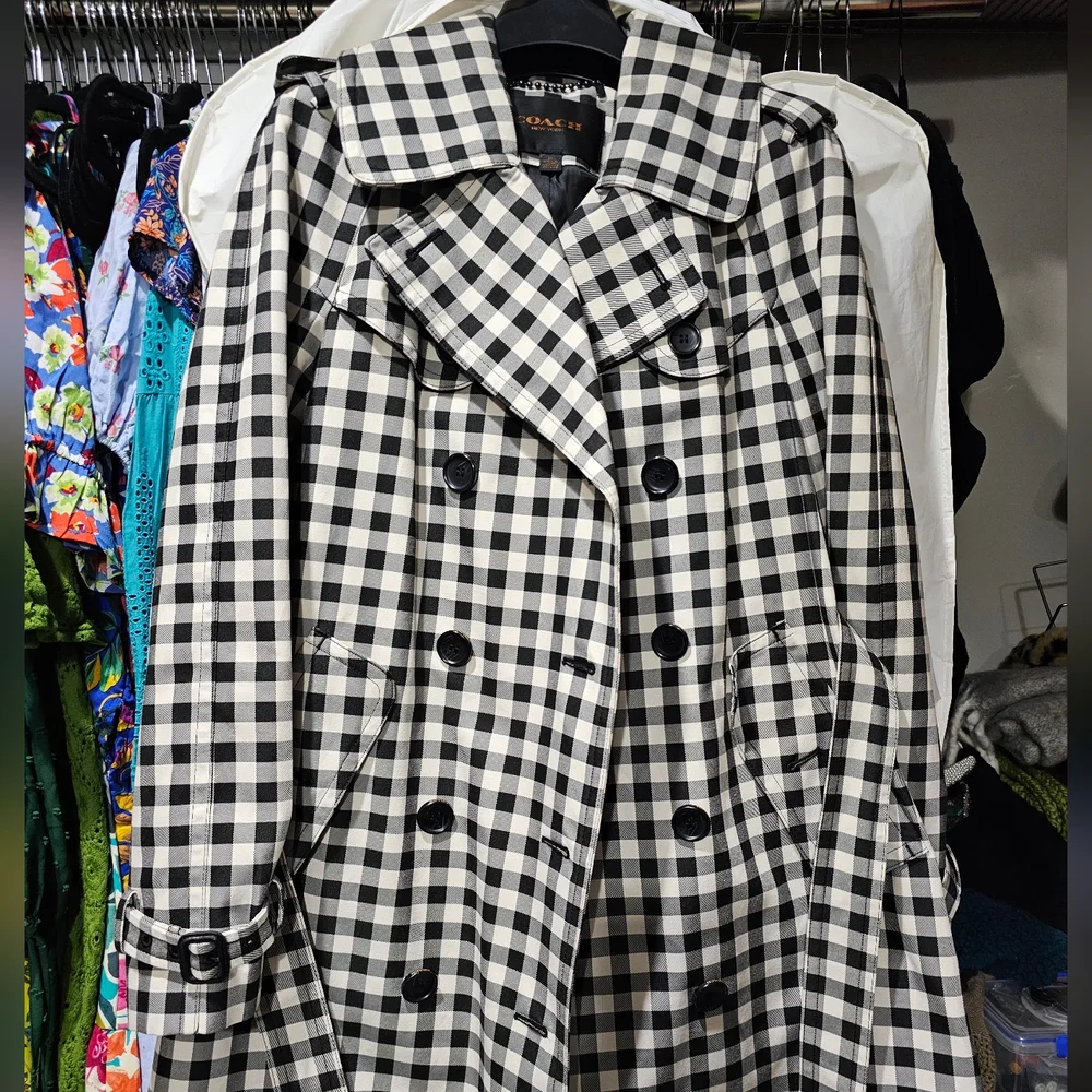 Coach Check Trench Coat Black White Gingham Checkered Rain Coat Double Breasted - Picture 9 of 12